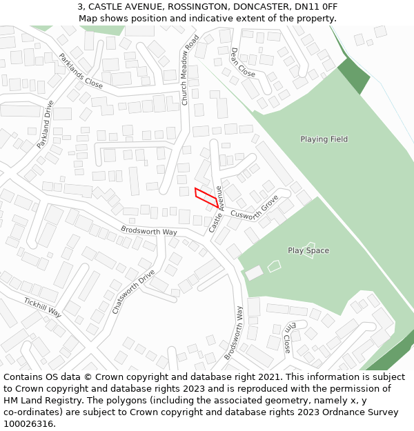 3, CASTLE AVENUE, ROSSINGTON, DONCASTER, DN11 0FF: Location map and indicative extent of plot