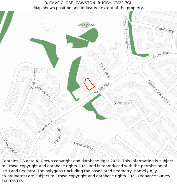 3, CAVE CLOSE, CAWSTON, RUGBY, CV22 7GL: Location map and indicative extent of plot