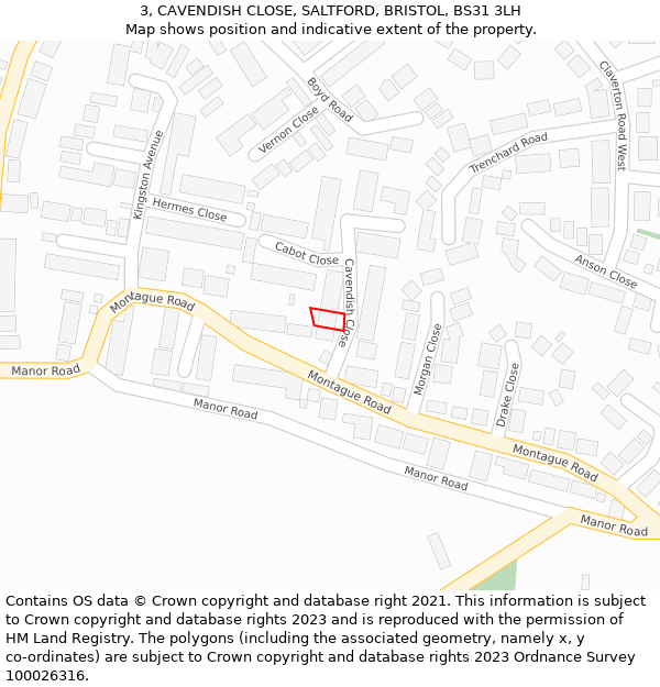 3, CAVENDISH CLOSE, SALTFORD, BRISTOL, BS31 3LH: Location map and indicative extent of plot