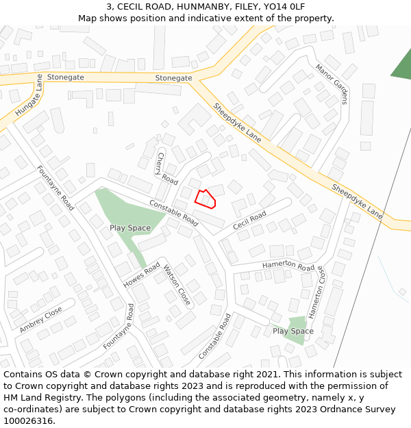 3, CECIL ROAD, HUNMANBY, FILEY, YO14 0LF: Location map and indicative extent of plot