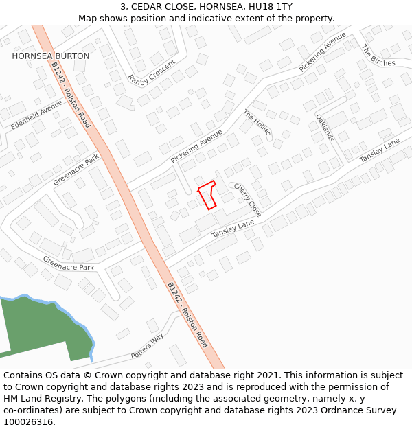 3, CEDAR CLOSE, HORNSEA, HU18 1TY: Location map and indicative extent of plot