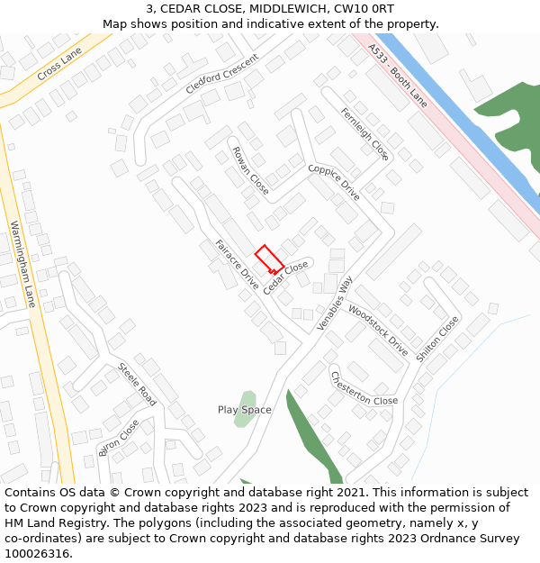 3, CEDAR CLOSE, MIDDLEWICH, CW10 0RT: Location map and indicative extent of plot