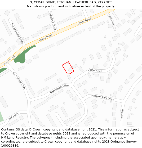 3, CEDAR DRIVE, FETCHAM, LEATHERHEAD, KT22 9ET: Location map and indicative extent of plot