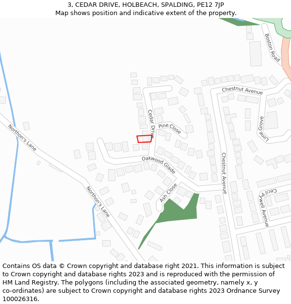 3, CEDAR DRIVE, HOLBEACH, SPALDING, PE12 7JP: Location map and indicative extent of plot