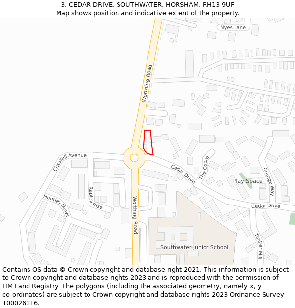 3, CEDAR DRIVE, SOUTHWATER, HORSHAM, RH13 9UF: Location map and indicative extent of plot