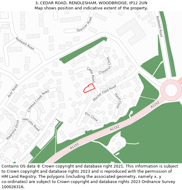 3, CEDAR ROAD, RENDLESHAM, WOODBRIDGE, IP12 2UN: Location map and indicative extent of plot