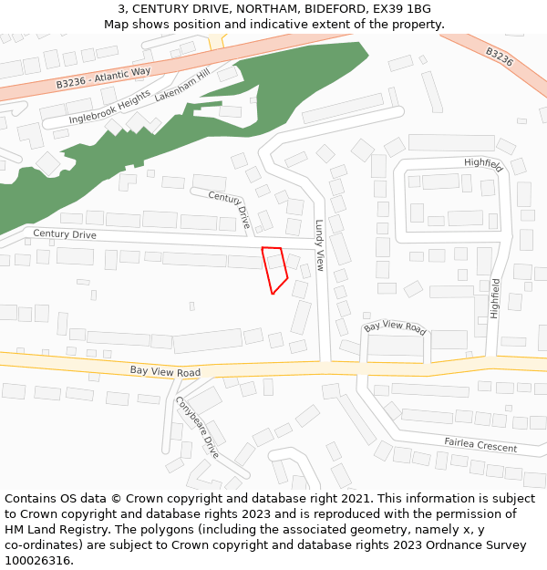 3, CENTURY DRIVE, NORTHAM, BIDEFORD, EX39 1BG: Location map and indicative extent of plot