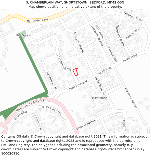 3, CHAMBERLAIN WAY, SHORTSTOWN, BEDFORD, MK42 0GN: Location map and indicative extent of plot