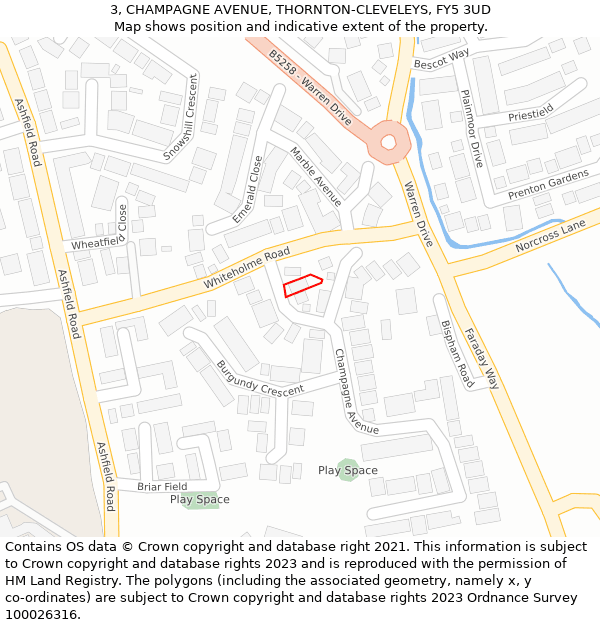 3, CHAMPAGNE AVENUE, THORNTON-CLEVELEYS, FY5 3UD: Location map and indicative extent of plot