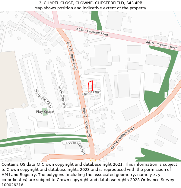 3, CHAPEL CLOSE, CLOWNE, CHESTERFIELD, S43 4PB: Location map and indicative extent of plot