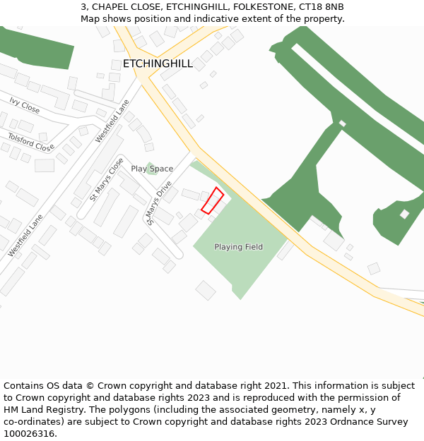 3, CHAPEL CLOSE, ETCHINGHILL, FOLKESTONE, CT18 8NB: Location map and indicative extent of plot