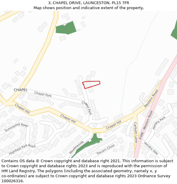 3, CHAPEL DRIVE, LAUNCESTON, PL15 7FR: Location map and indicative extent of plot