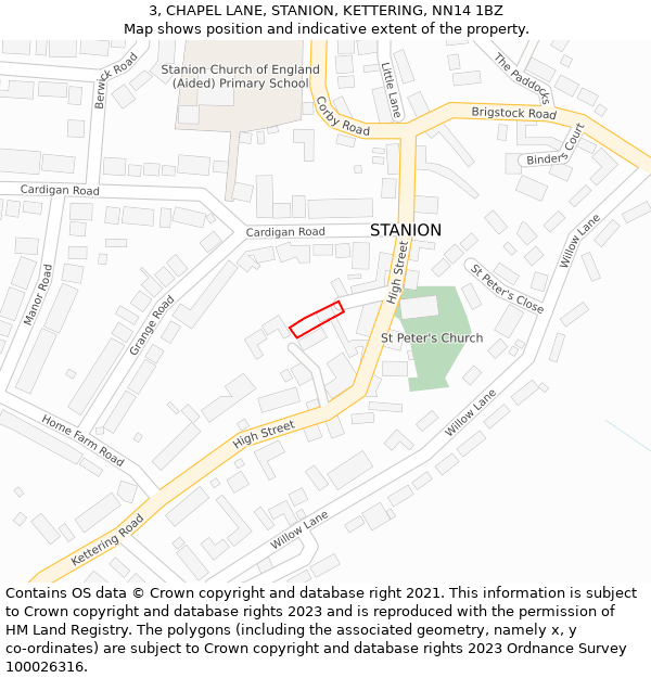 3, CHAPEL LANE, STANION, KETTERING, NN14 1BZ: Location map and indicative extent of plot