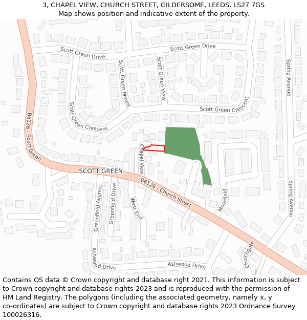 3, CHAPEL VIEW, CHURCH STREET, GILDERSOME, LEEDS, LS27 7GS: Location map and indicative extent of plot