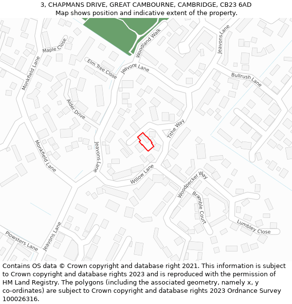 3, CHAPMANS DRIVE, GREAT CAMBOURNE, CAMBRIDGE, CB23 6AD: Location map and indicative extent of plot