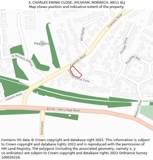 3, CHARLES EWING CLOSE, AYLSHAM, NORWICH, NR11 6LJ: Location map and indicative extent of plot