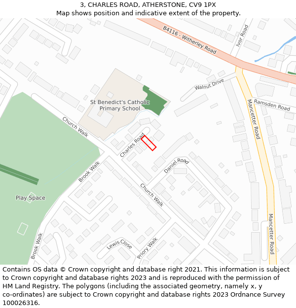 3, CHARLES ROAD, ATHERSTONE, CV9 1PX: Location map and indicative extent of plot