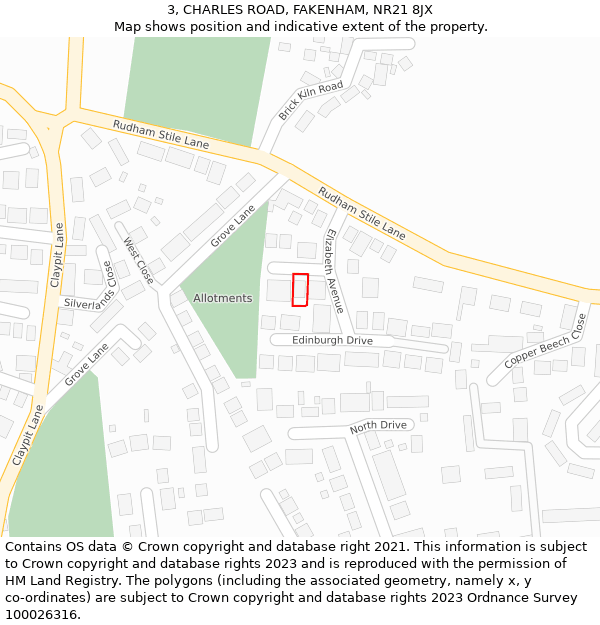 3, CHARLES ROAD, FAKENHAM, NR21 8JX: Location map and indicative extent of plot