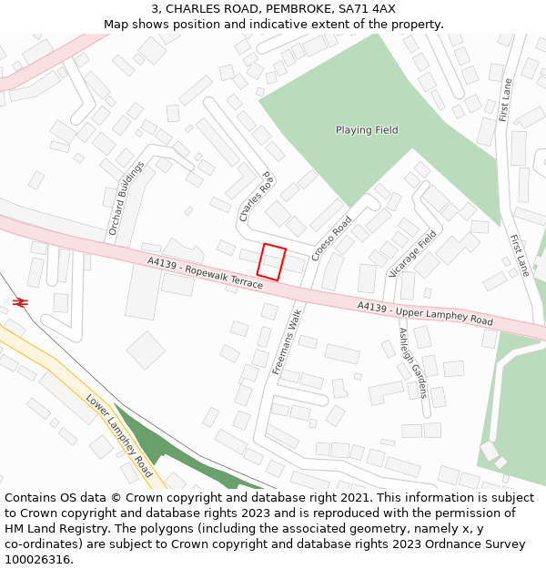 3, CHARLES ROAD, PEMBROKE, SA71 4AX: Location map and indicative extent of plot