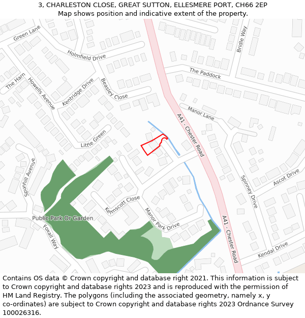 3, CHARLESTON CLOSE, GREAT SUTTON, ELLESMERE PORT, CH66 2EP: Location map and indicative extent of plot