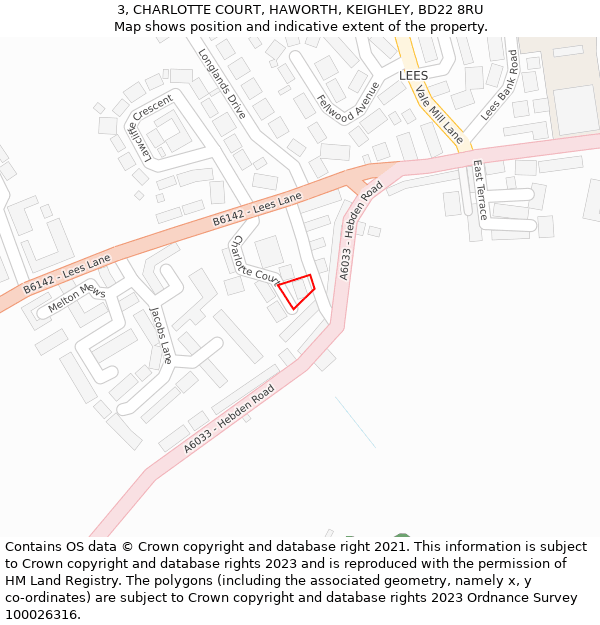 3, CHARLOTTE COURT, HAWORTH, KEIGHLEY, BD22 8RU: Location map and indicative extent of plot