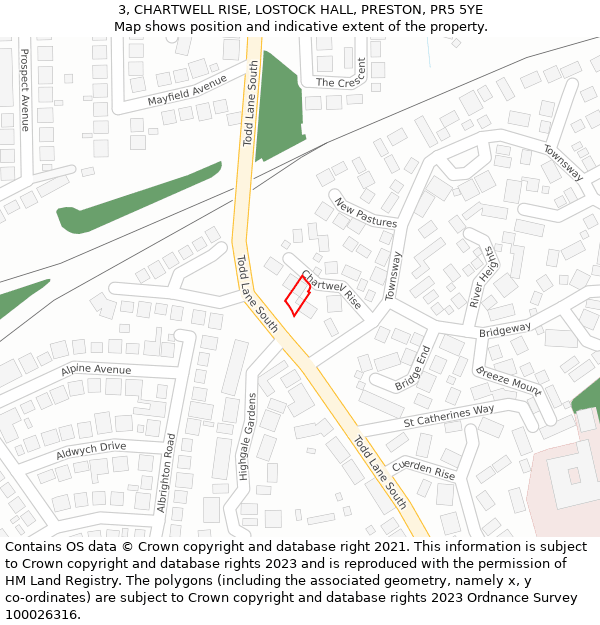 3, CHARTWELL RISE, LOSTOCK HALL, PRESTON, PR5 5YE: Location map and indicative extent of plot