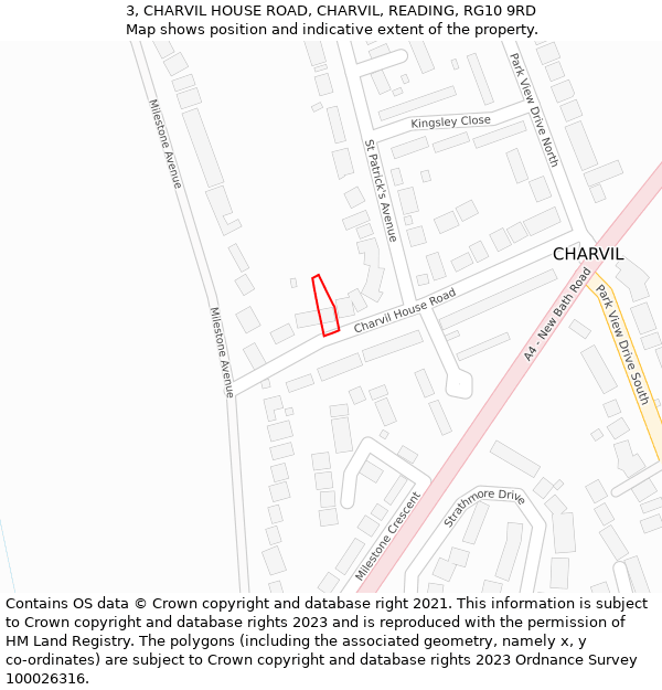 3, CHARVIL HOUSE ROAD, CHARVIL, READING, RG10 9RD: Location map and indicative extent of plot