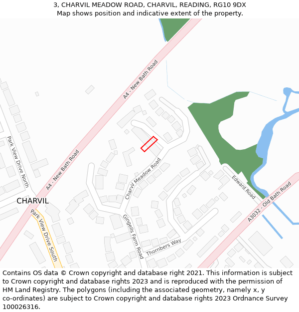 3, CHARVIL MEADOW ROAD, CHARVIL, READING, RG10 9DX: Location map and indicative extent of plot