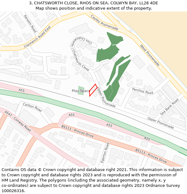 3, CHATSWORTH CLOSE, RHOS ON SEA, COLWYN BAY, LL28 4DE: Location map and indicative extent of plot