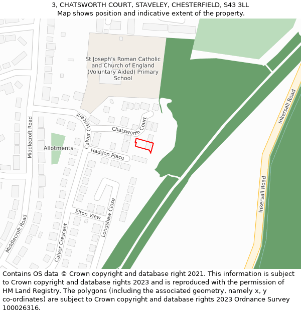 3, CHATSWORTH COURT, STAVELEY, CHESTERFIELD, S43 3LL: Location map and indicative extent of plot