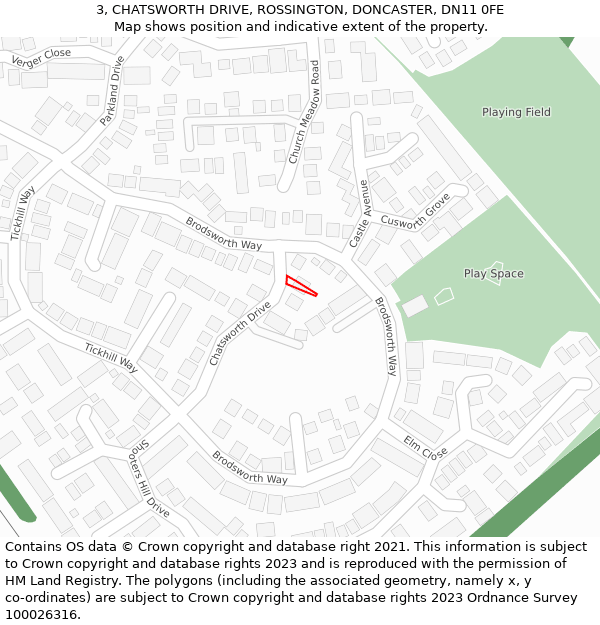 3, CHATSWORTH DRIVE, ROSSINGTON, DONCASTER, DN11 0FE: Location map and indicative extent of plot