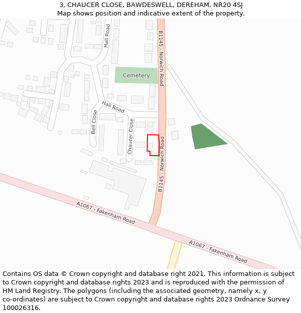 3, CHAUCER CLOSE, BAWDESWELL, DEREHAM, NR20 4SJ: Location map and indicative extent of plot