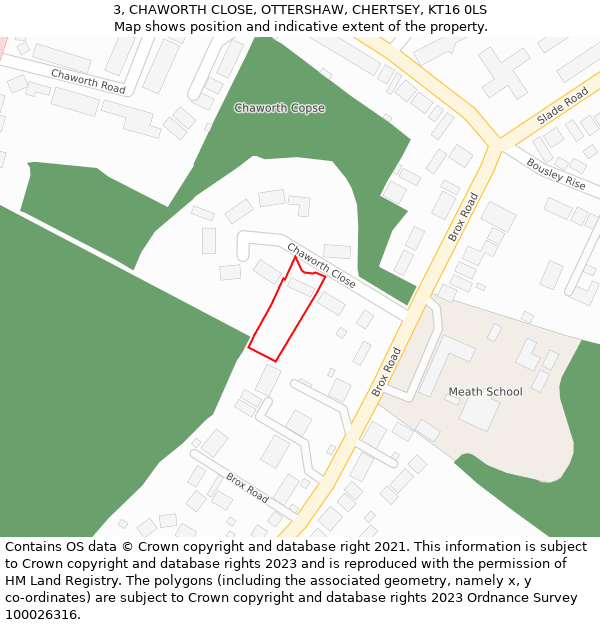 3, CHAWORTH CLOSE, OTTERSHAW, CHERTSEY, KT16 0LS: Location map and indicative extent of plot