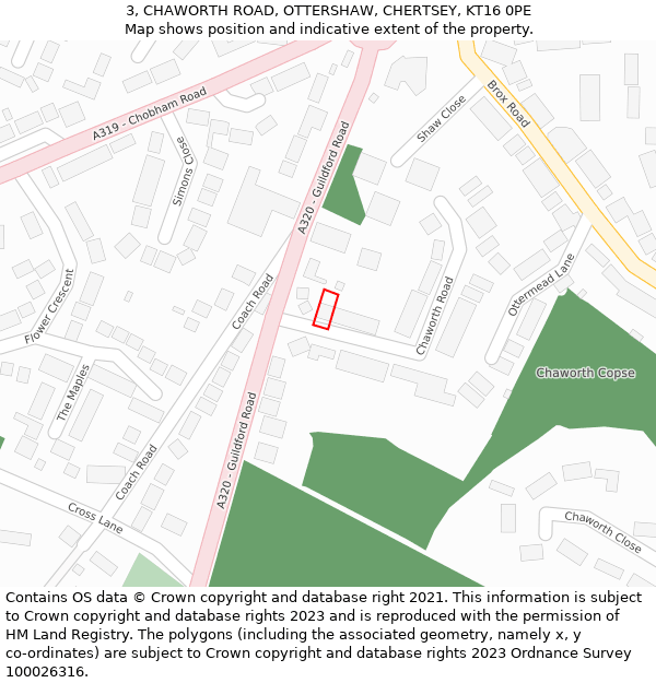 3, CHAWORTH ROAD, OTTERSHAW, CHERTSEY, KT16 0PE: Location map and indicative extent of plot