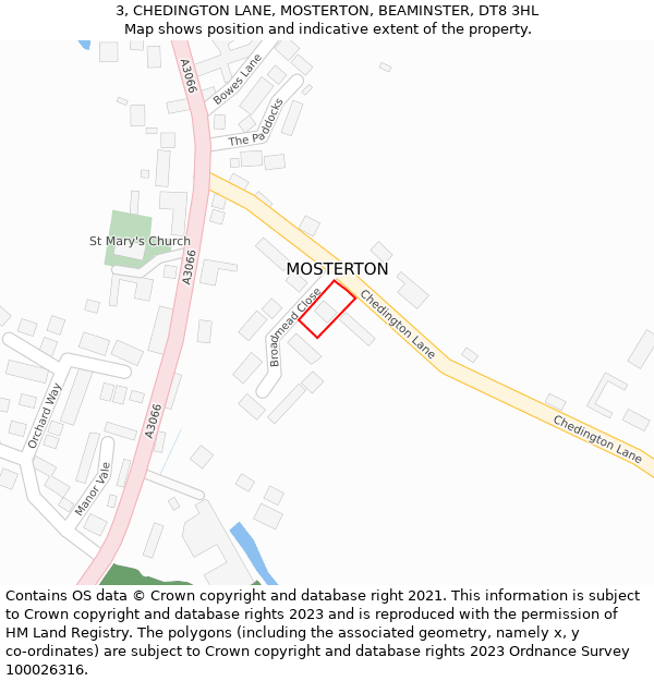 3, CHEDINGTON LANE, MOSTERTON, BEAMINSTER, DT8 3HL: Location map and indicative extent of plot