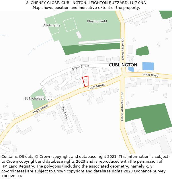 3, CHENEY CLOSE, CUBLINGTON, LEIGHTON BUZZARD, LU7 0NA: Location map and indicative extent of plot