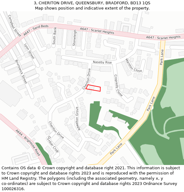 3, CHERITON DRIVE, QUEENSBURY, BRADFORD, BD13 1QS: Location map and indicative extent of plot