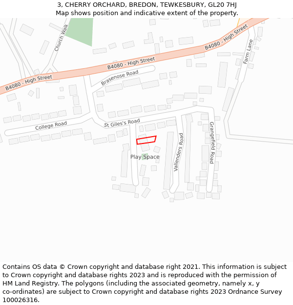 3, CHERRY ORCHARD, BREDON, TEWKESBURY, GL20 7HJ: Location map and indicative extent of plot