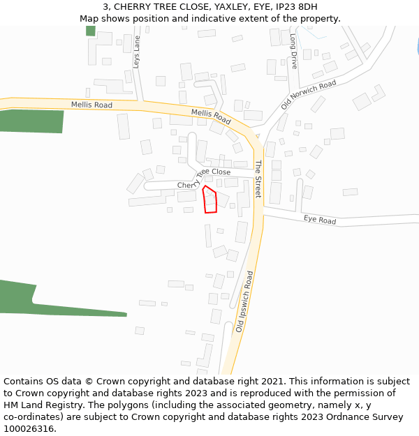 3, CHERRY TREE CLOSE, YAXLEY, EYE, IP23 8DH: Location map and indicative extent of plot