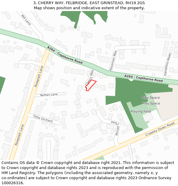 3, CHERRY WAY, FELBRIDGE, EAST GRINSTEAD, RH19 2GS: Location map and indicative extent of plot