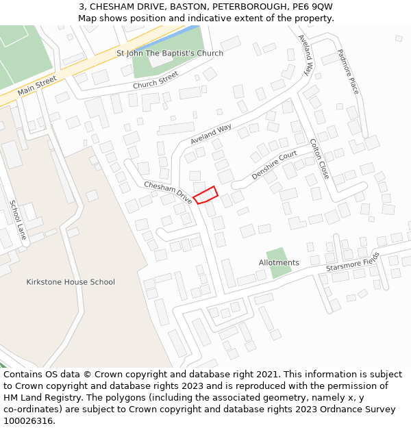 3, CHESHAM DRIVE, BASTON, PETERBOROUGH, PE6 9QW: Location map and indicative extent of plot