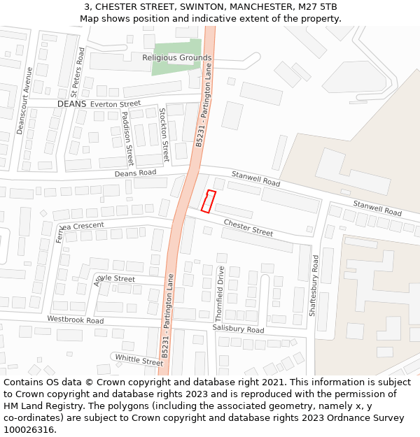 3, CHESTER STREET, SWINTON, MANCHESTER, M27 5TB: Location map and indicative extent of plot