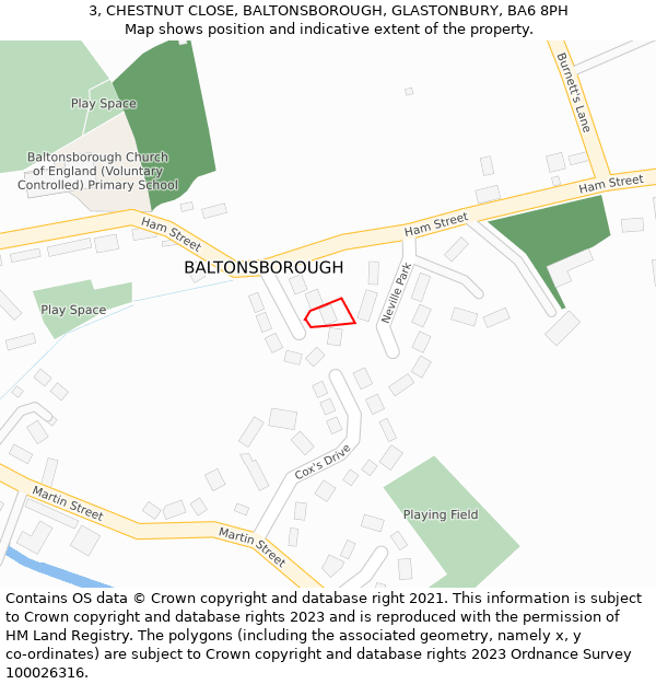 3, CHESTNUT CLOSE, BALTONSBOROUGH, GLASTONBURY, BA6 8PH: Location map and indicative extent of plot