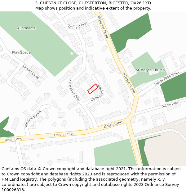 3, CHESTNUT CLOSE, CHESTERTON, BICESTER, OX26 1XD: Location map and indicative extent of plot