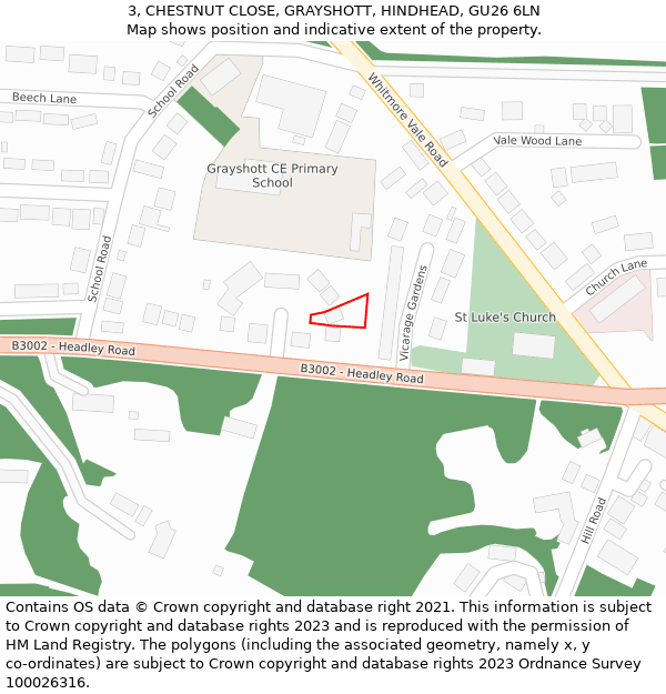 3, CHESTNUT CLOSE, GRAYSHOTT, HINDHEAD, GU26 6LN: Location map and indicative extent of plot