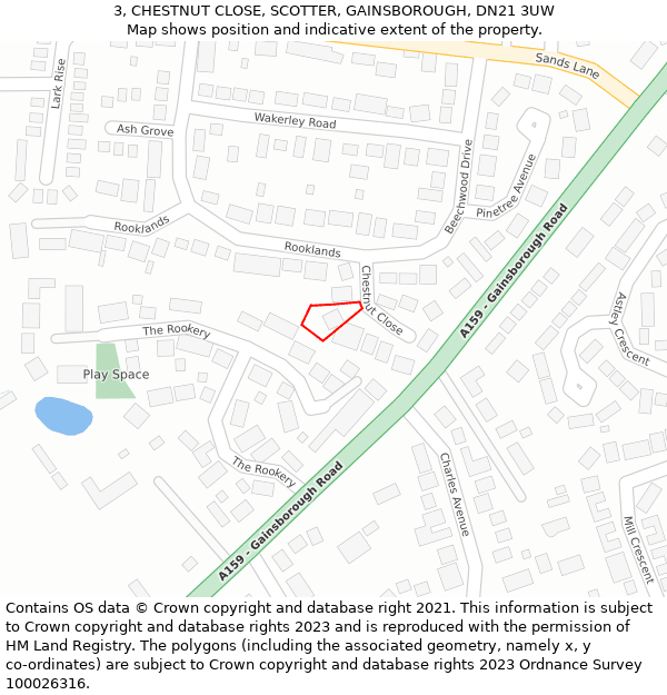 3, CHESTNUT CLOSE, SCOTTER, GAINSBOROUGH, DN21 3UW: Location map and indicative extent of plot