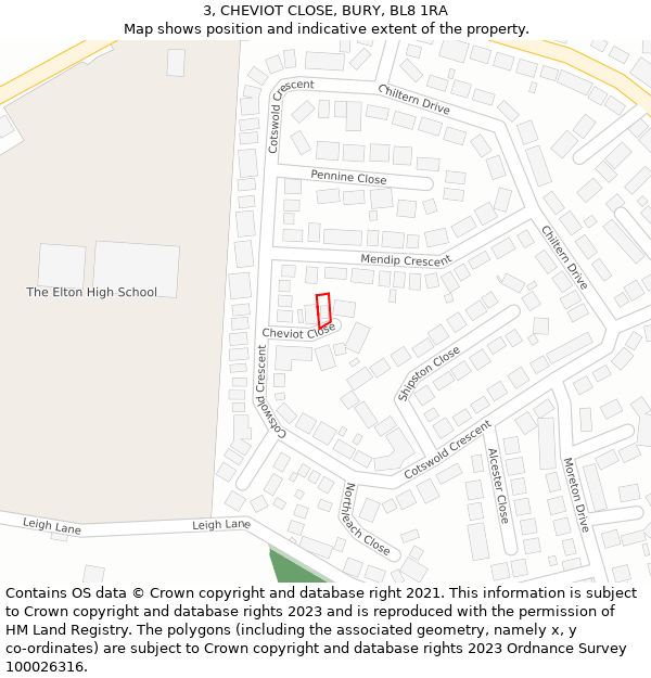 3, CHEVIOT CLOSE, BURY, BL8 1RA: Location map and indicative extent of plot