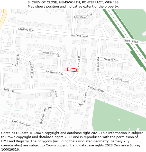 3, CHEVIOT CLOSE, HEMSWORTH, PONTEFRACT, WF9 4SS: Location map and indicative extent of plot