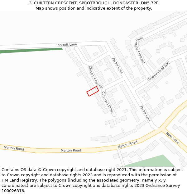 3, CHILTERN CRESCENT, SPROTBROUGH, DONCASTER, DN5 7PE: Location map and indicative extent of plot
