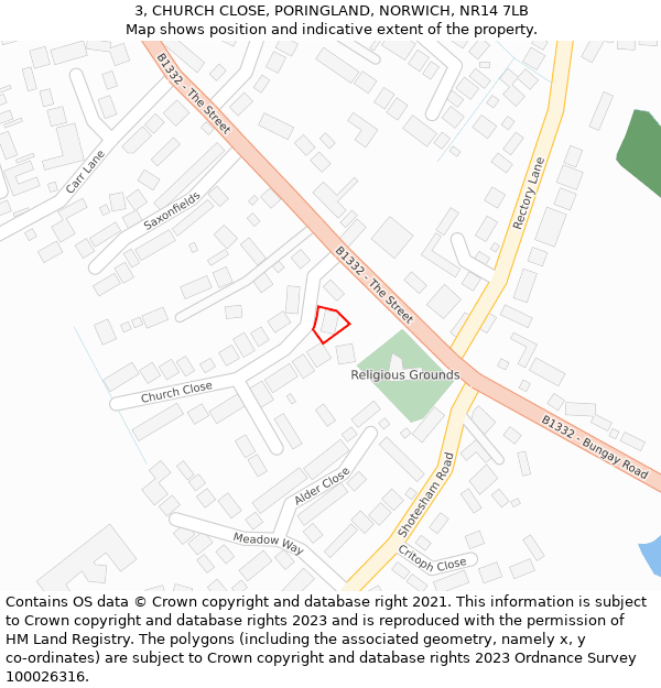 3, CHURCH CLOSE, PORINGLAND, NORWICH, NR14 7LB: Location map and indicative extent of plot